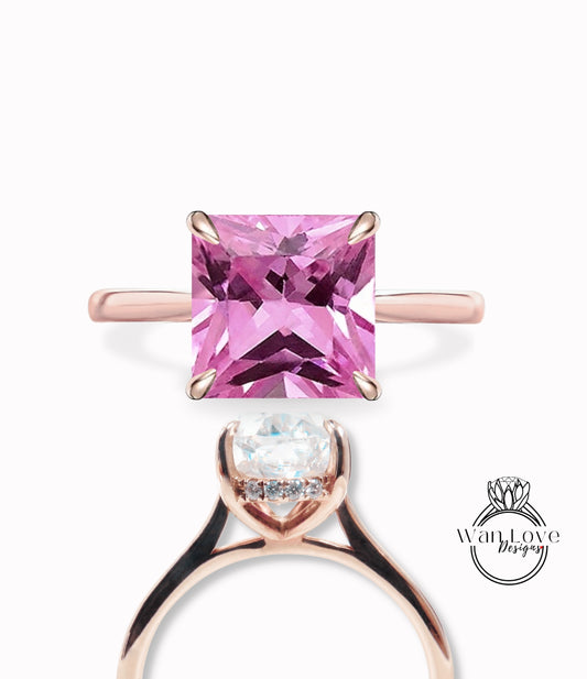 Pink Sapphire & Diamond Princess side halo plain band Engagement Ring, Cathedral Basket 14kt 18kt Gold-Platinum-Custom-Wedding, Anniversary Gift