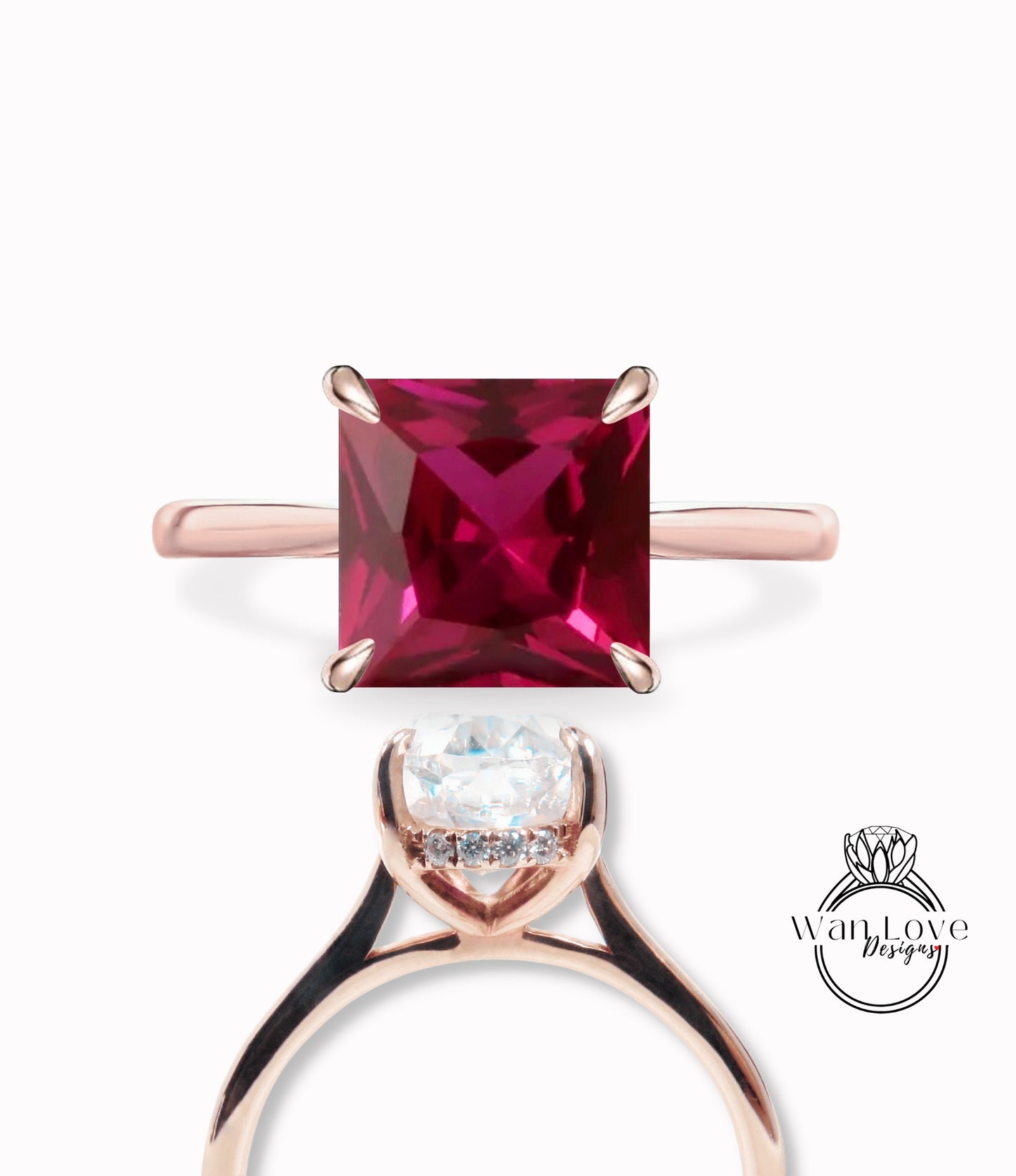 Ruby & Diamond Princess Side Halo Plain Shank Engagement Ring, Cathedral Basket,Custom,Square,14kt 18kt Gold,Platinum,WanLoveDesigns