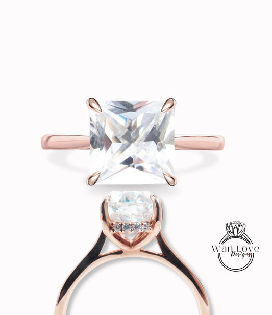 Unique Engagement Ring Princess Cut White Sapphire Ring, Square Engagement Ring, Side Halo Engagement Ring, Princess Cut Sapphire & Diamonds