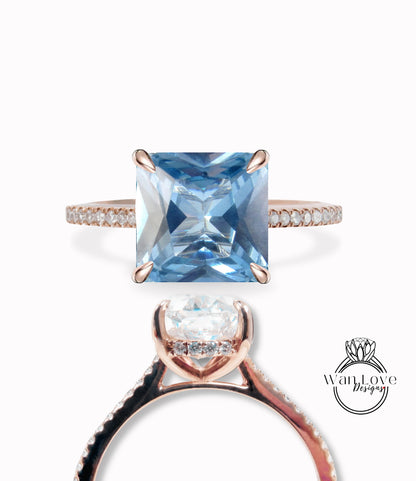 Anello di fidanzamento con spinello blu acquamarina e diamante Princess Side Halo, taglio quadrato, matrimonio, oro 14kt 18kt, platino, Asscher, WanLoveDesigns