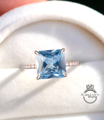 Aquamarine Blue Spinel & Diamond Princess Side Halo Engagement Ring, Square cut, Wedding, 14kt 18kt Gold, Platinum, Asscher, WanLoveDesigns