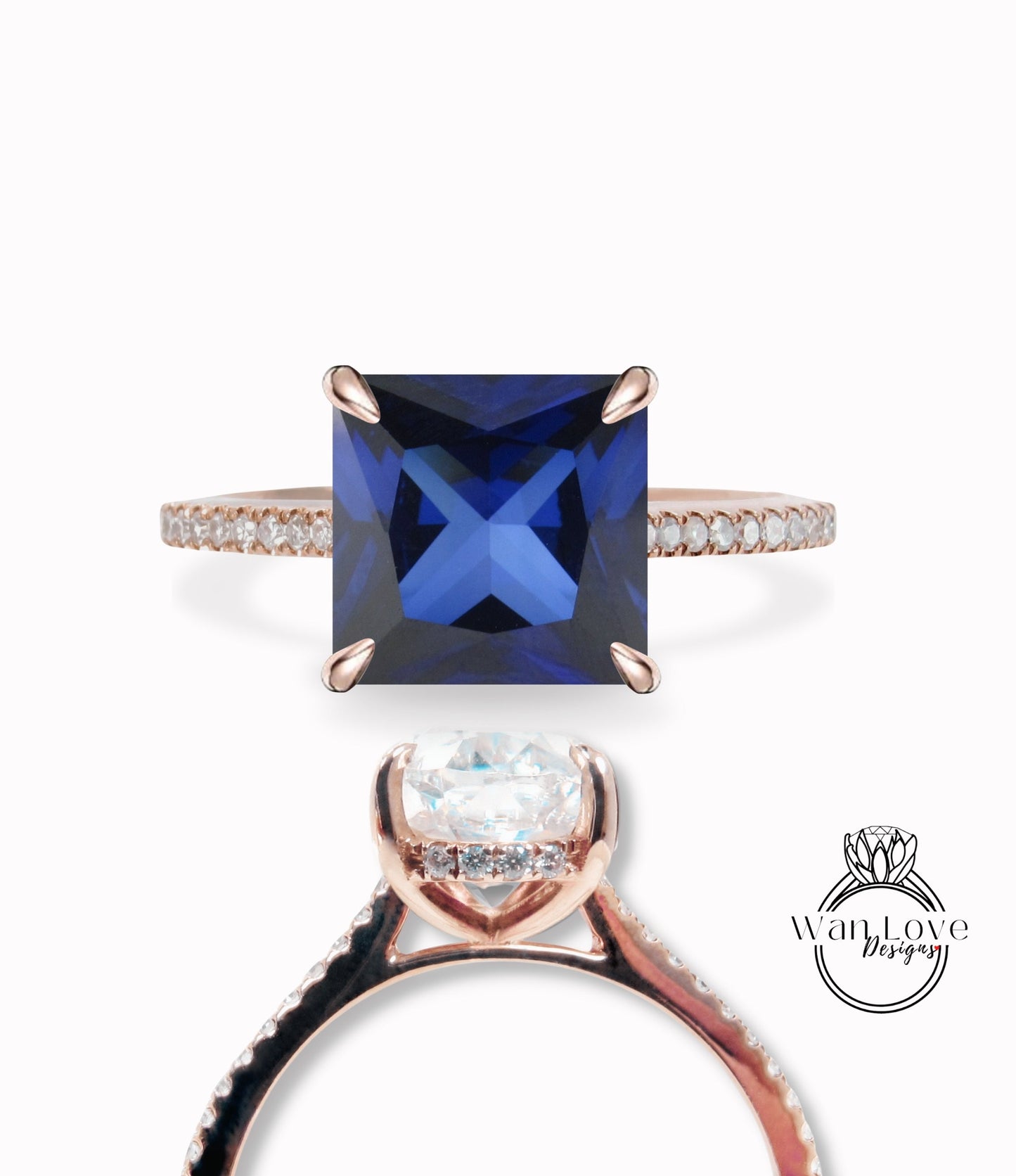 Blue Sapphire & Diamond Side Halo Princess Engagement Ring, 3/4 Almost Eternity, Custom, Square, 14kt 18kt Gold, Platinum, Anniversary Gift