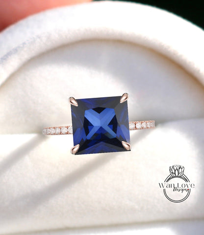 Blue Sapphire & Diamond Rings/ Blue Gemstone Ring/ Side Halo Princess cut Sapphire Engagement Ring/ Anniversary Rings/ 14K White Gold Ring