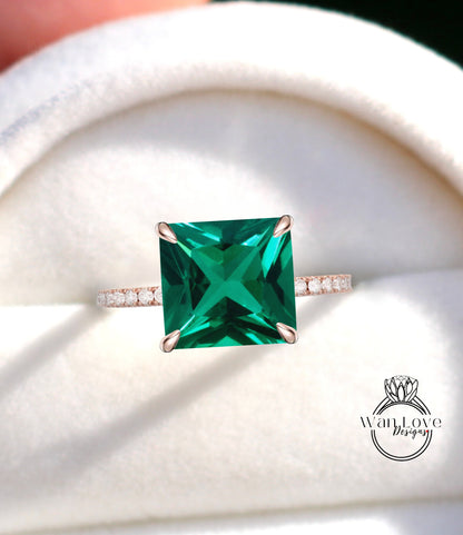 Emerald & Diamond Princess Side Halo Almost Eternity Engagement Ring, Custom, 14kt 18kt Gold, Platinum, WanLoveDesigns