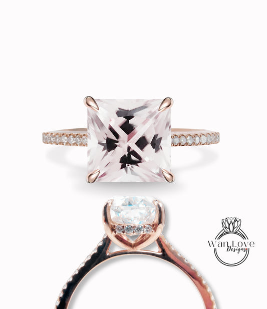 Light Pink Sapphire & Diamonds Princess Side Halo Engagement Ring, Square cut, Wedding, 14kt 18kt Gold, Platinum, Asscher, WanLoveDesign