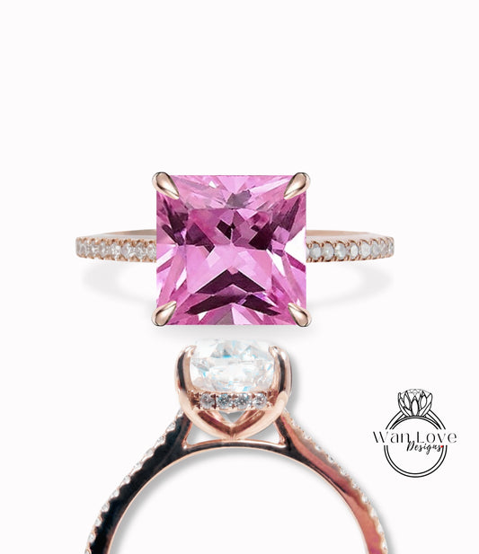 Pink Sapphire & Diamond Rings/ Pink Gemstone Ring/ Hidden Side Halo Princess cut Pink Sapphire Engagement Ring/ Anniversary Rings/ 14K Solid White Gold Rings