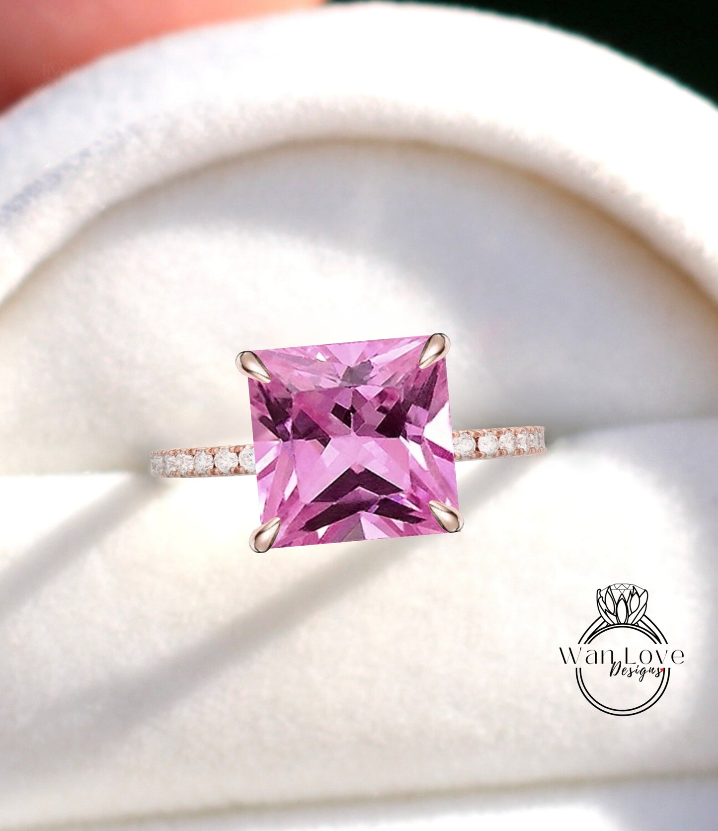 Pink Sapphire & Diamond Rings/ Pink Gemstone Ring/ Hidden Side Halo Princess cut Pink Sapphire Engagement Ring/ Anniversary Rings/ 14K Solid White Gold Rings