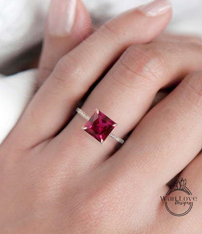 Ruby & Diamond Rings/ Red Gemstone Ring/ Hidden Side Halo Princess cut Ruby Engagement Ring/ Anniversary Rings/ 14K Solid White Gold Rings