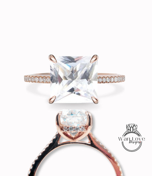 White Sapphire & Diamonds Princess Side Halo Engagement Ring, Square cut, Wedding, 14kt 18kt Gold, Platinum, Asscher, WanLoveDesigns