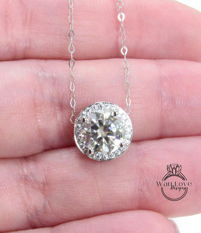 Moissanite Halo Round Pendant Charm Necklace Thin Dainty Chain, 2ct, 8mm, Anniversary Gift, Wedding, White OR Rose Gold-Ready to Ship