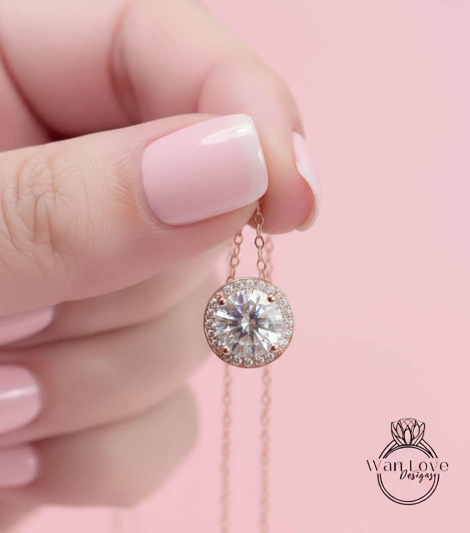 Moissanite & Diamond Round Halo Pendant | Round Halo Moissanite Pendant | 14KT Rose Gold Pendant | Bridal Wedding Necklace Set | Anniversary Gift Collection