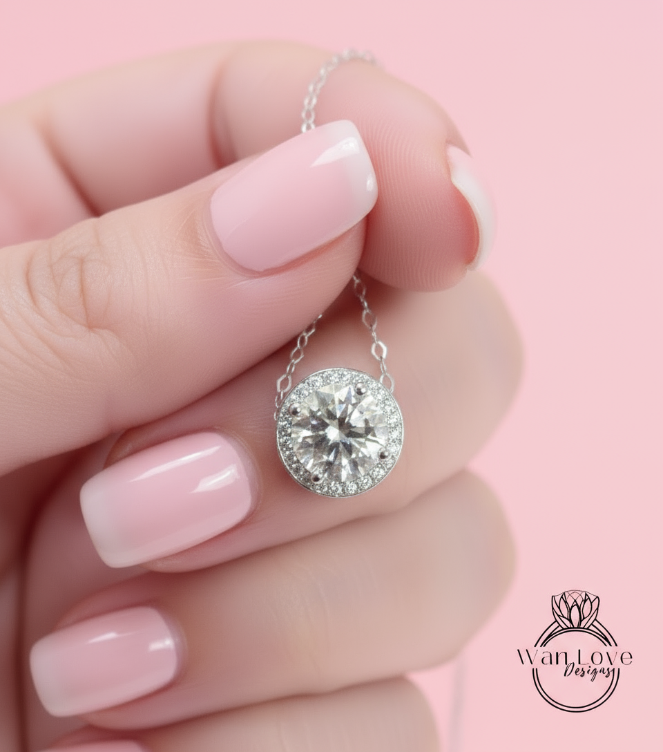 Moissanite & Diamond Round Halo Pendant | Round Halo Moissanite Pendant | 14KT Rose Gold Pendant | Bridal Wedding Necklace Set | Anniversary Gift Collection