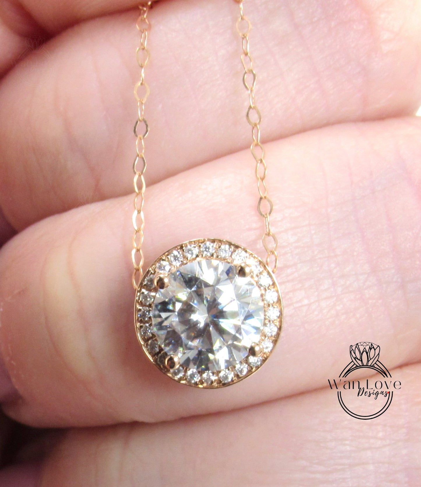 Moissanite Halo Round Pendant Charm Necklace Thin Dainty Chain, 2ct, 8mm, Anniversary Gift, Wedding, White OR Rose Gold-Ready to Ship