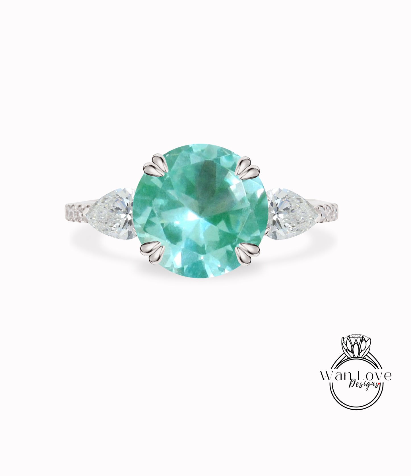 Teal Spinel Round Pear Diamond Ring, Three Stone Moissanite Ring, Round spinel engagement Ring, Diamond Band Ring