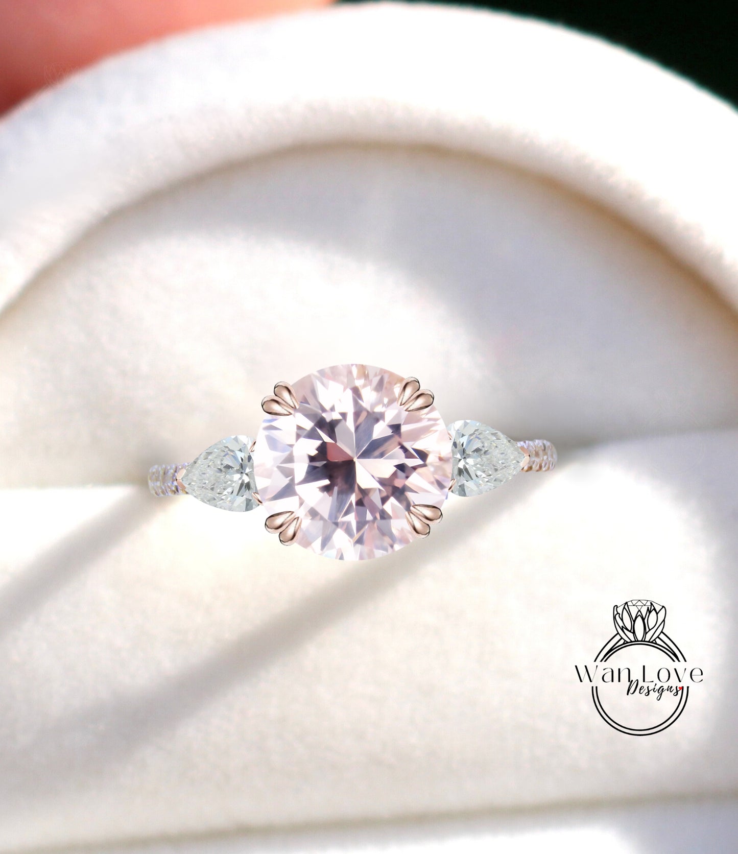 Light Pink Sapphire Round Pear Diamond Ring, Three Stone Moissanite Ring, Round sapphire engagement Ring, Diamond Band Ring