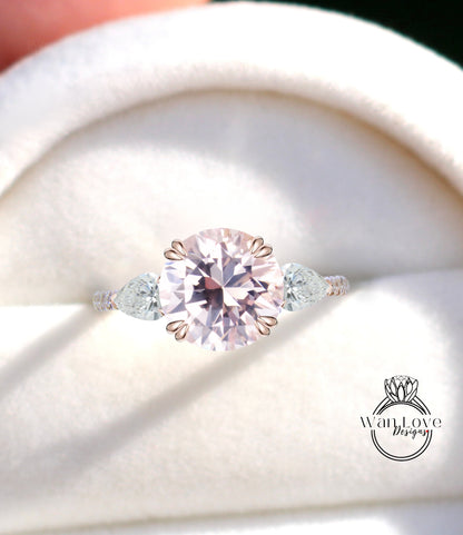 Light Pink Sapphire Round Pear Diamond Ring, Three Stone Moissanite Ring, Round sapphire engagement Ring, Diamond Band Ring