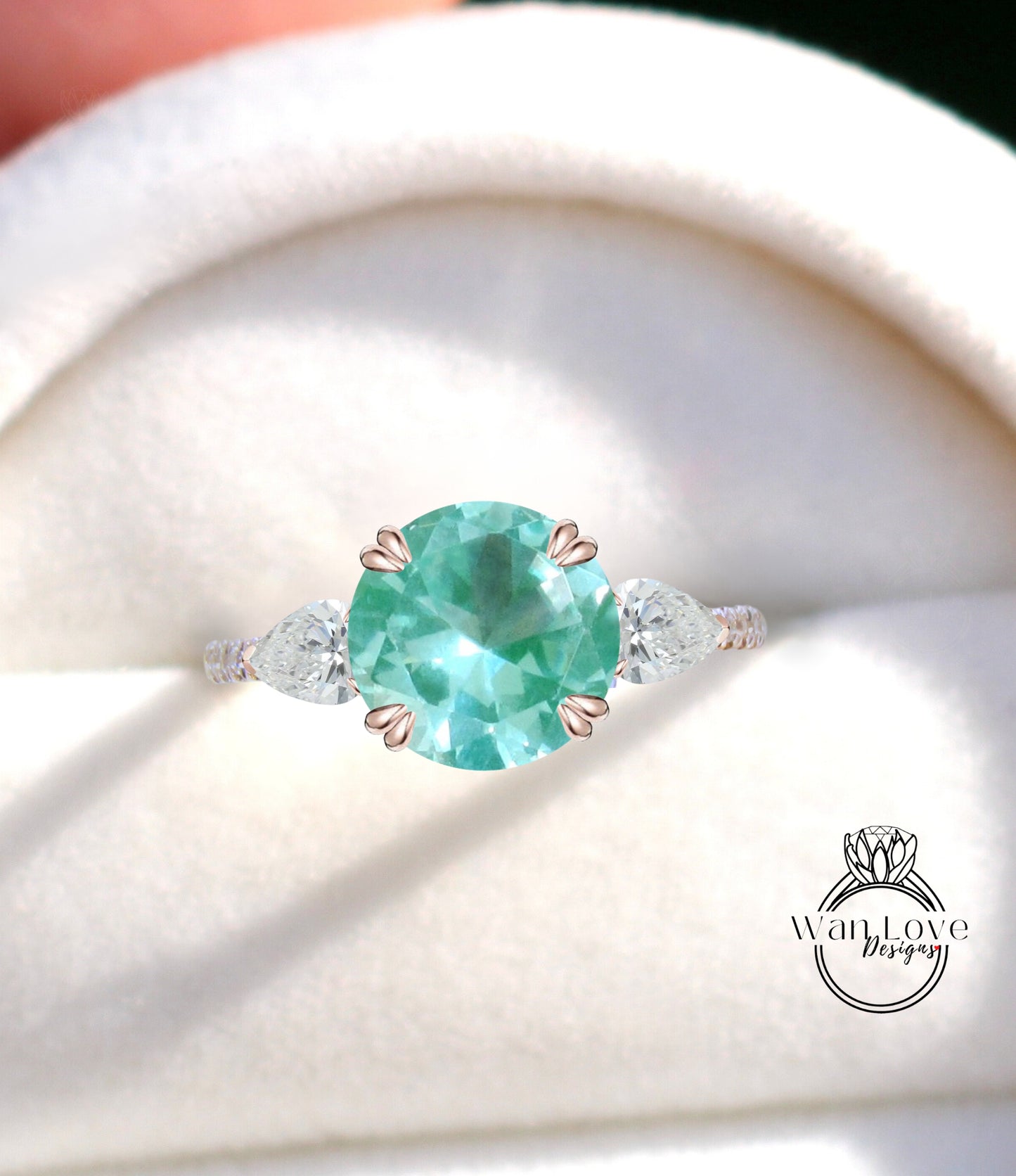 Teal Spinel Round Pear Diamond Ring, Three Stone Moissanite Ring, Round spinel engagement Ring, Diamond Band Ring