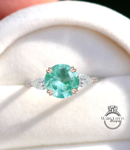 Teal Spinel Round Pear Diamond Ring, Three Stone Moissanite Ring, Round spinel engagement Ring, Diamond Band Ring