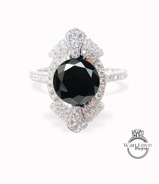 Art Deco Black Moissanite engagement ring Round Antique white gold diamond halo wedding ring Vintage Gatsby Bridal anniversary promise ring