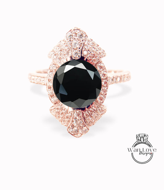 Round shaped Black Spinel engagement ring vintage Unique white gold engagement ring woman Art Deco diamond Bezel Cluster ring Promise ring