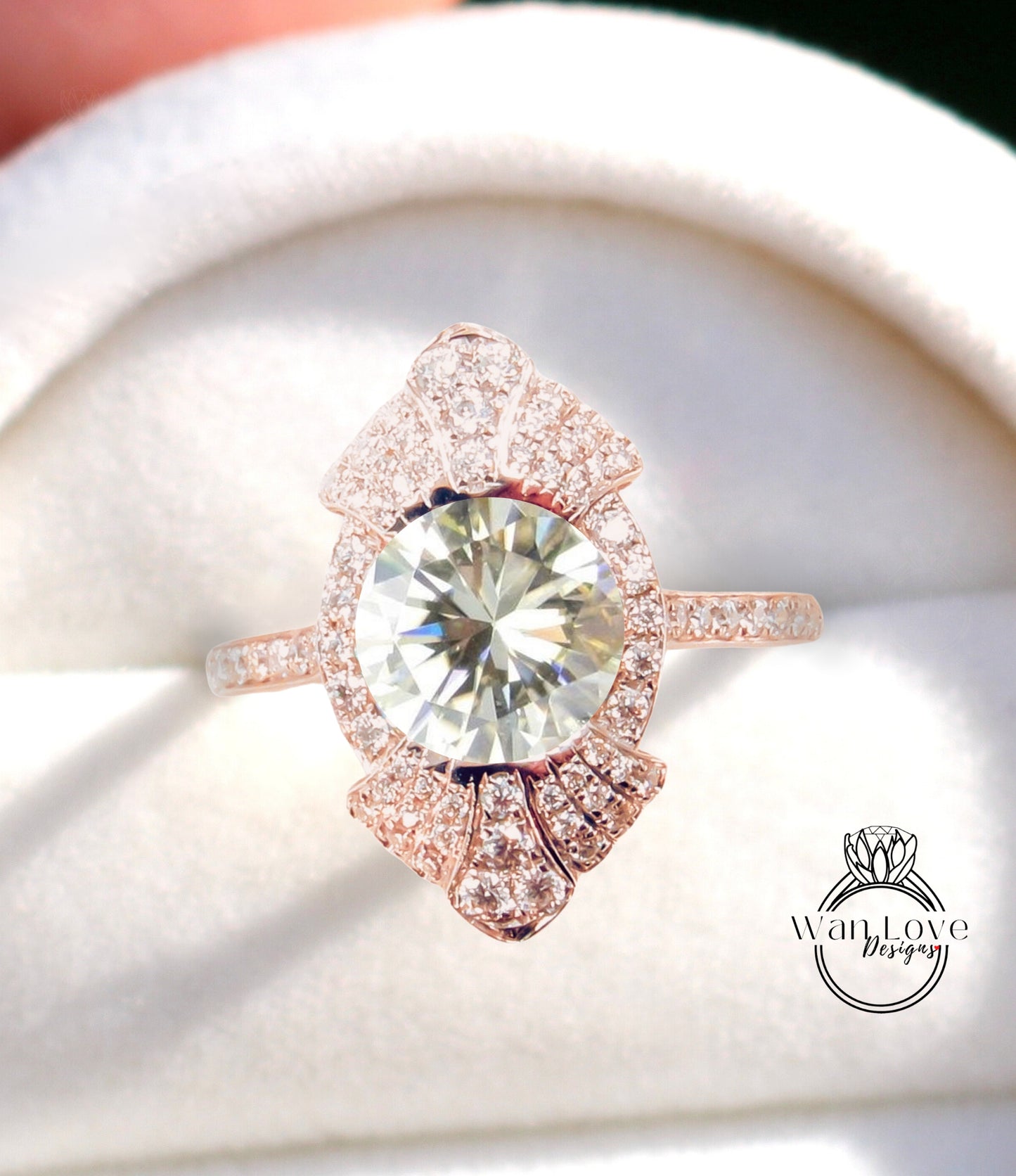 Round shaped Champagne Moissanite engagement ring vintage Unique white gold engagement ring woman Art Deco diamond Bezel Cluster pave ring