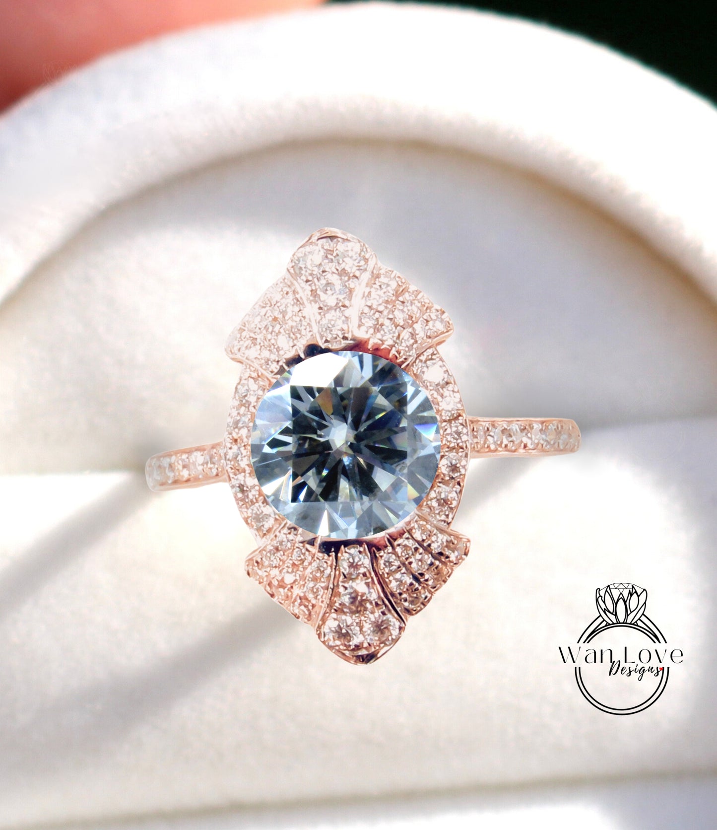 Round shaped Gray Moissanite engagement ring vintage Unique white gold engagement ring woman Art Deco diamond Bezel Cluster ring Promise