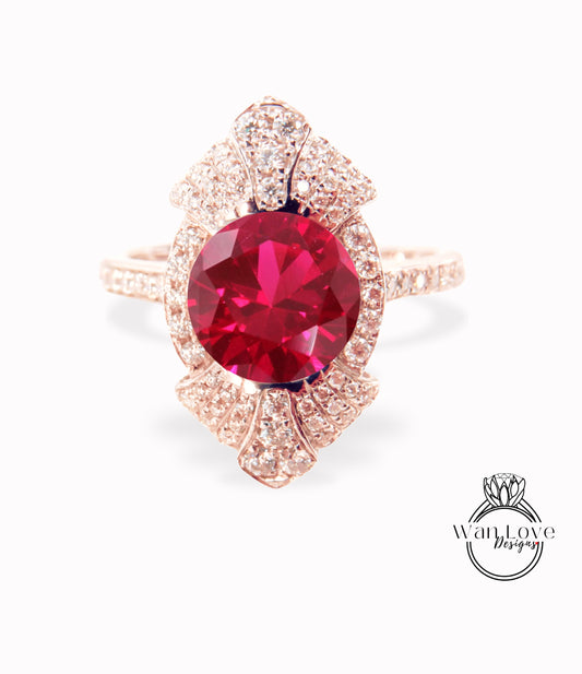 Round shaped Ruby engagement ring vintage Unique white gold engagement ring woman Art Deco diamond Bezel Cluster ring Promise ring