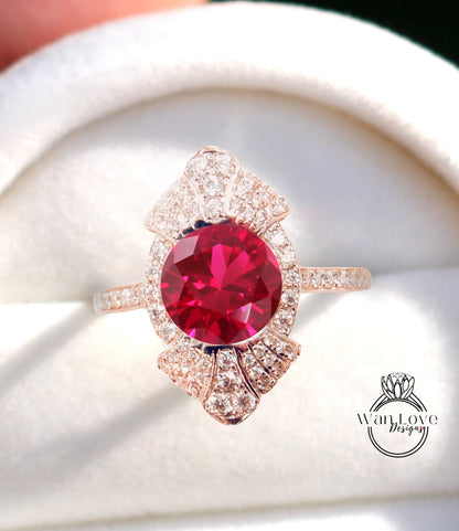 Round shaped Ruby engagement ring vintage Unique white gold engagement ring woman Art Deco diamond Bezel Cluster ring Promise ring