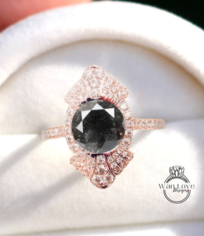 Round shaped Salt & Pepper Diamond engagement ring vintage Unique white gold engagement ring woman Art Deco Bezel Cluster ring Promise ring