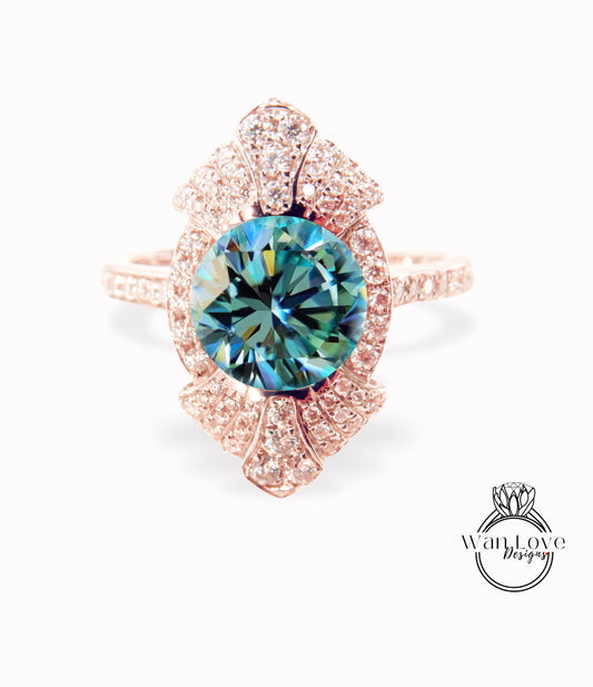 Round shaped Blue Moissanite engagement ring vintage Unique white gold engagement ring woman Art Deco diamond Bezel Cluster ring Promise