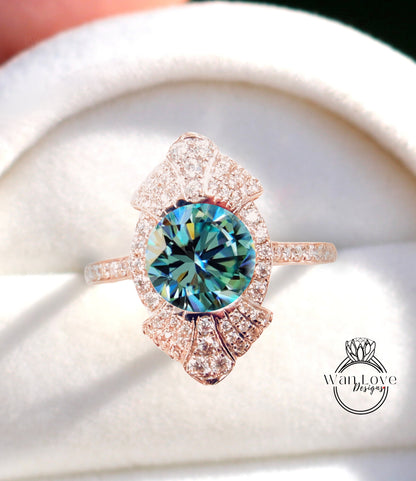 Round shaped Blue Moissanite engagement ring vintage Unique white gold engagement ring woman Art Deco diamond Bezel Cluster ring Promise