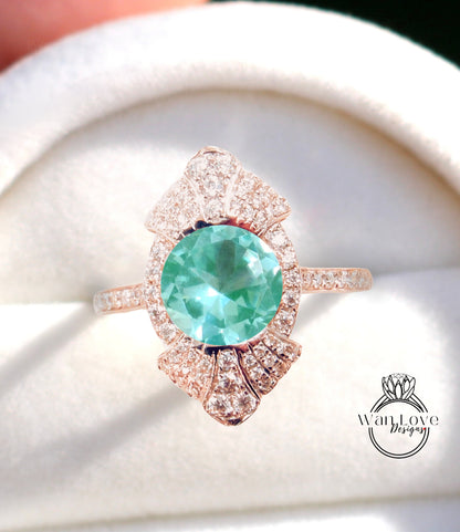 Anello di fidanzamento con spinello verde acqua a forma rotonda vintage Anello di fidanzamento unico in oro bianco da donna Anello a grappolo con diamanti Art Déco Anello di promessa