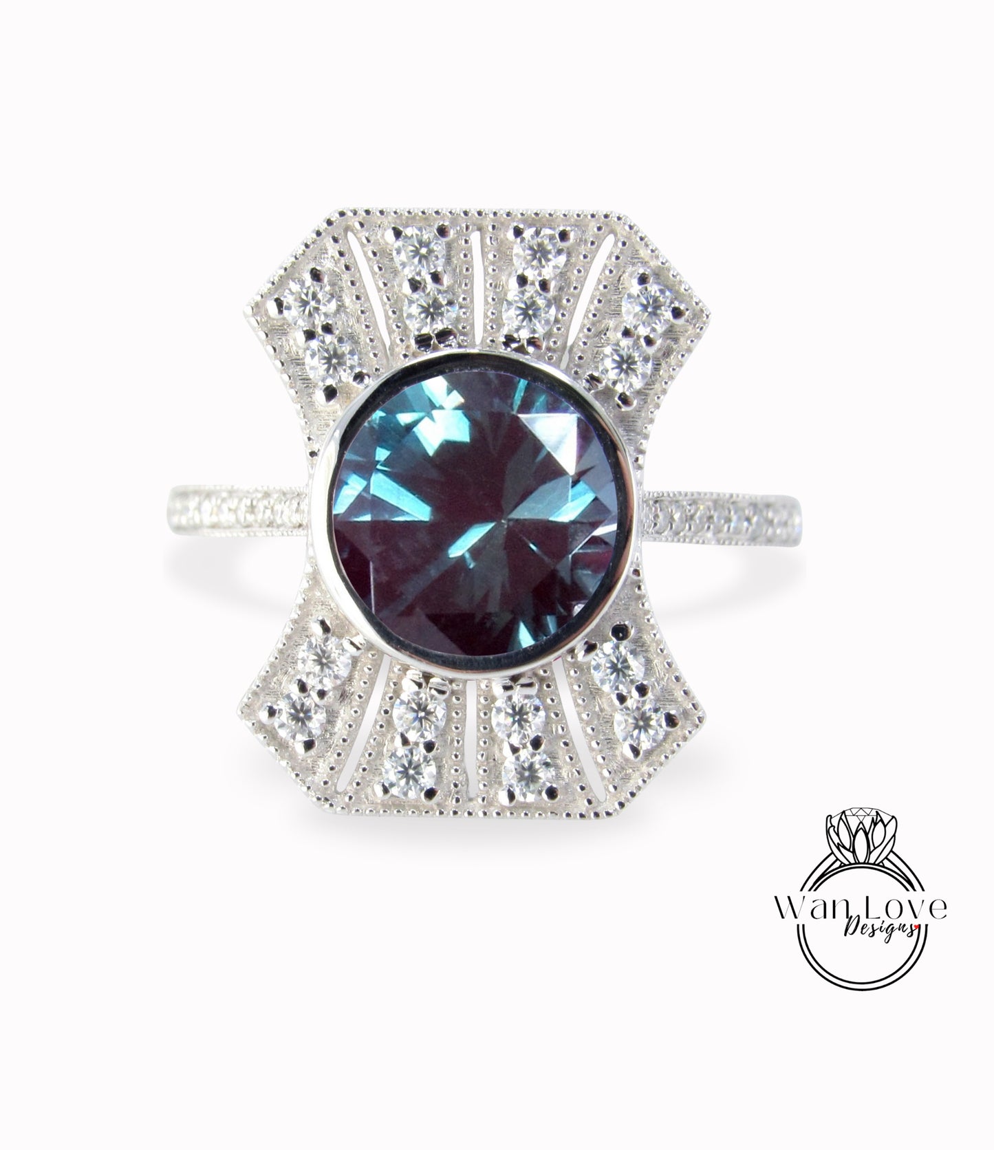 Vintage Diamond Alexandrite Engagement Ring, Art Deco moissanite halo ring, Milgrain round bezel ring, Alexandrite ring with Diamonds