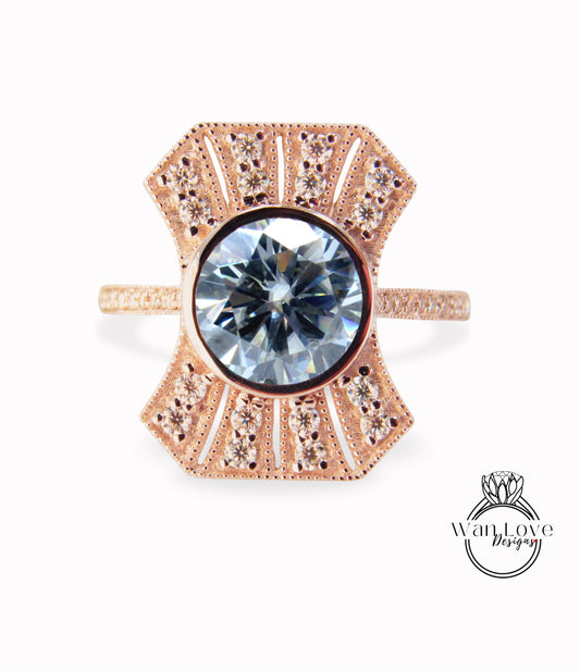Vintage Diamond Gray Moissanite Engagement Ring Art Deco Milgrain round bezel ring unique halo ring wedding Anniversary promise ring bridal