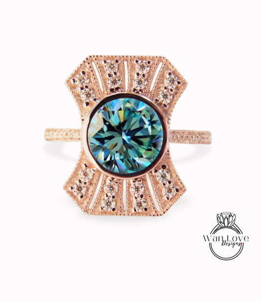 Vintage Diamond Blue Moissanite Engagement Ring Art Deco Milgrain round bezel ring unique halo ring wedding Anniversary promise ring bridal