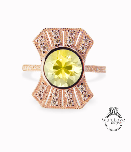 Anello di fidanzamento Halo con zaffiro giallo e diamante rotondo 14k 18k bianco giallo oro rosa-platino-su misura-anniversario di matrimonio