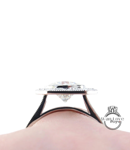 Vintage Diamond Emerald Engagement Ring, Art Deco moissanite halo ring, Milgrain round bezel ring, Antique Green ring with Diamonds halo
