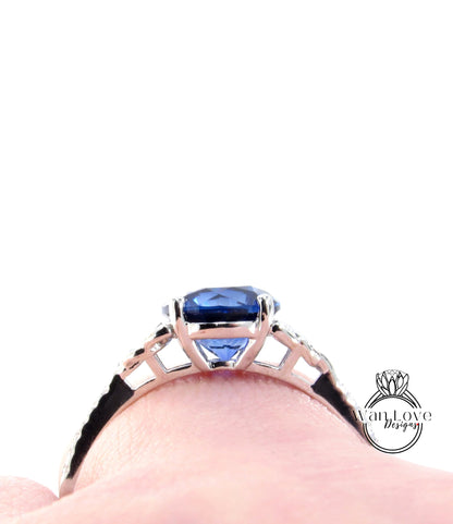 Anello di fidanzamento con doppio nodo celtico ovale con zaffiro blu e diamante, personalizzato, matrimonio in platino in oro 14k 18k intrecciato, WanLoveDesigns