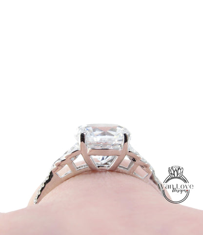 Anello di fidanzamento ovale con diamante zaffiro rosa chiaro con nodo celtico Anello con mezza eternità con diamante celtico Moissanite Promessa nuziale ovale Anniversario
