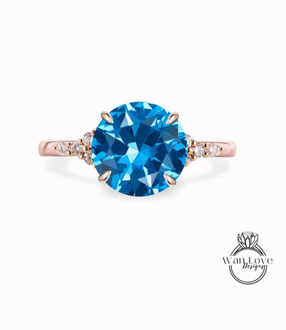 Vintage Ocean Blue Spinel Diamond Round Cluster anello art deco sottile delicato 3 pietre preziose Anello di fidanzamento Anello nuziale Anello nuziale Promessa di anniversario