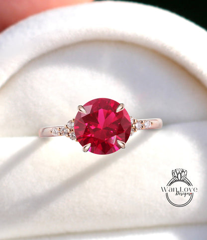 Vintage Ruby Diamonds Round Cluster ring art deco thin dainty 3 gemstone Engagement Ring Wedding Bridal Ring Anniversary promise