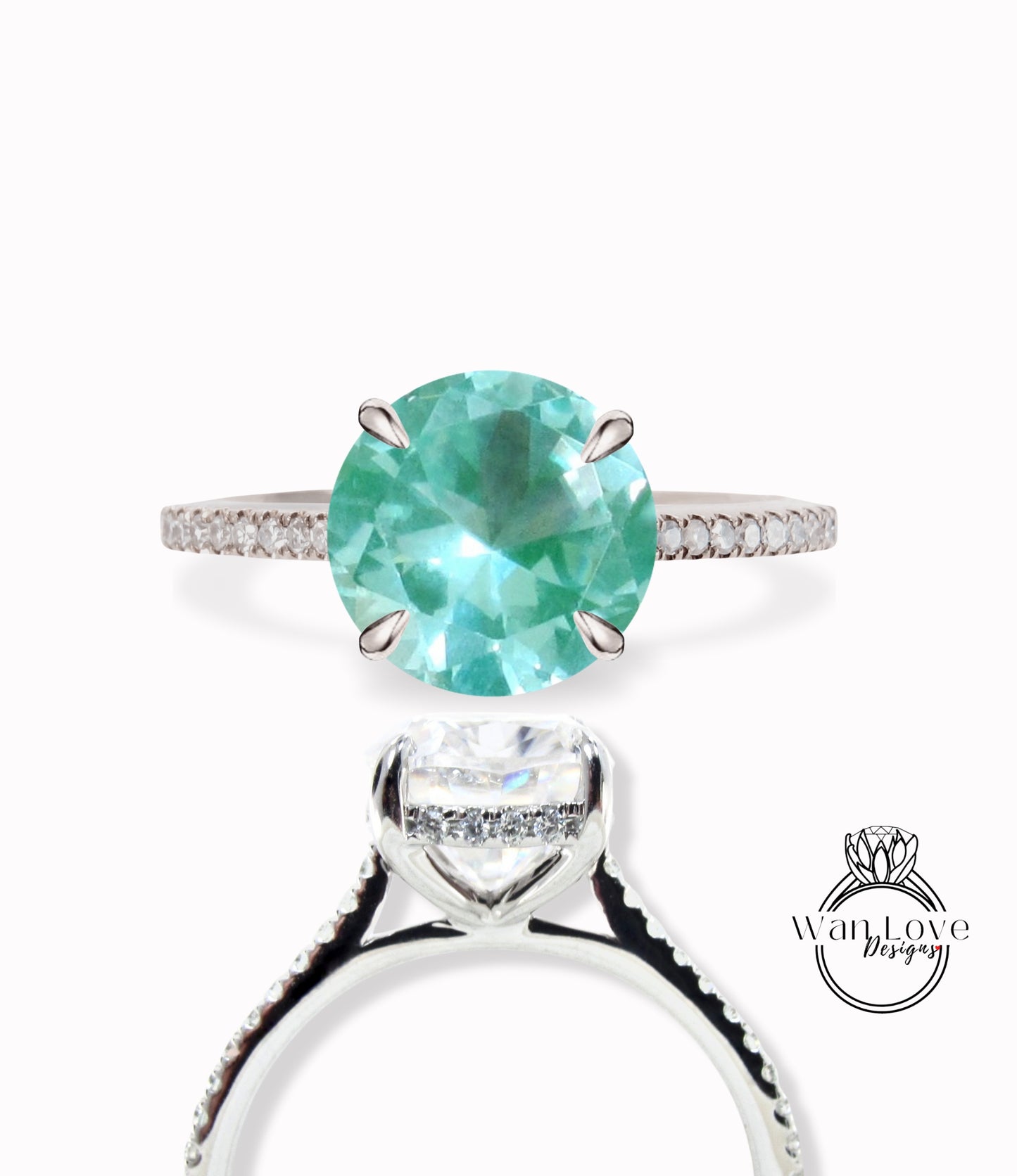 Teal Spinel & Diamonds Side Halo Almost Eternity Thin Shank Round Engagement Ring Custom Wedding 14kt 18kt Gold Platinum Anniversary Gift