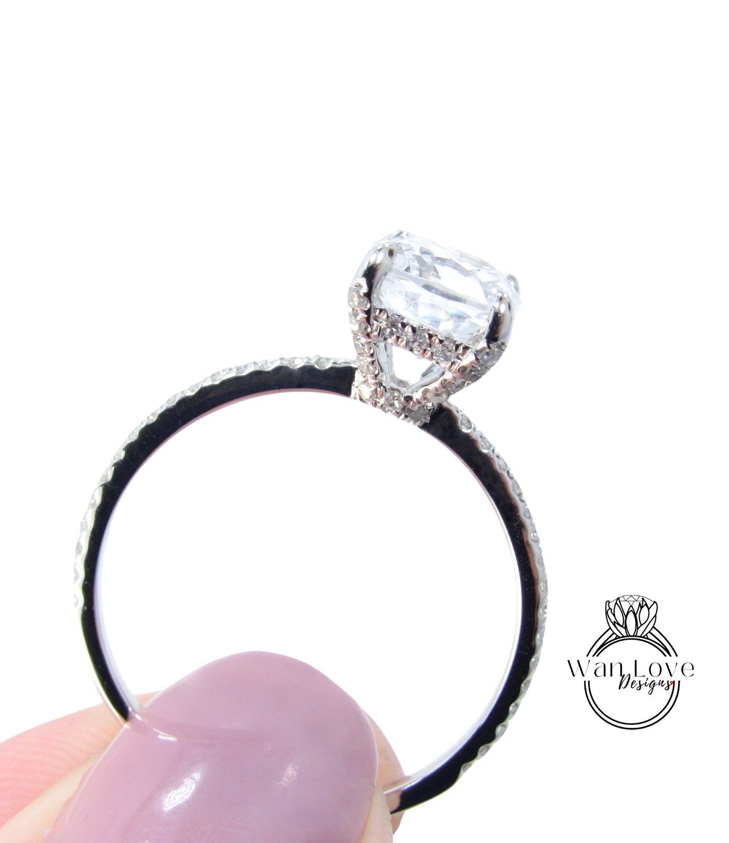 Anello di fidanzamento con alone laterale ovale con diamante Moissanite 3/4 Cuscino lungo quasi eternità, personalizzato-14k 18k rosa bianca oro giallo-platino