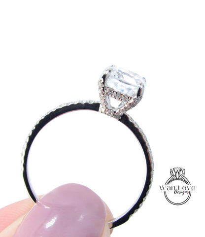 Anello di fidanzamento con alone laterale ovale con diamante Moissanite 3/4 Cuscino lungo quasi eternità, personalizzato-14k 18k rosa bianca oro giallo-platino