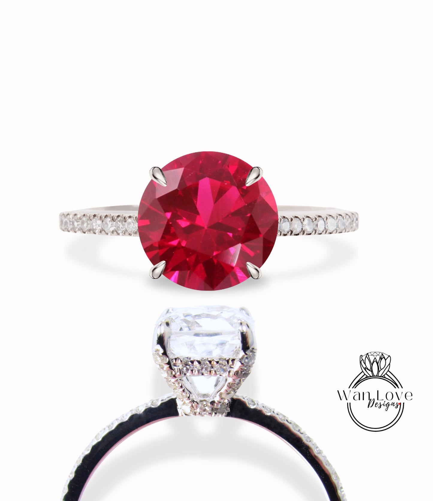 Ruby & Diamond prongs Basket Round Engagement Ring, Side Halo, 3/4 Almost Eternity, Custom Wedding, 14kt 18kt Gold, Platinum, WanLoveDesigns