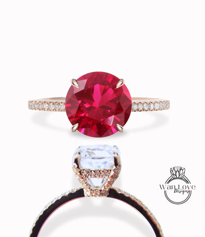 Ruby & Diamond prongs Basket Round Engagement Ring, Side Halo, 3/4 Almost Eternity, Custom Wedding, 14kt 18kt Gold, Platinum, WanLoveDesigns