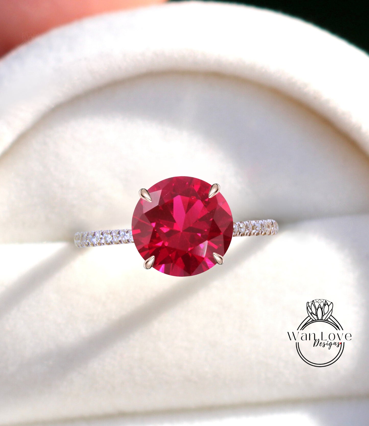 Ruby & Diamond prongs Basket Round Engagement Ring, Side Halo, 3/4 Almost Eternity, Custom Wedding, 14kt 18kt Gold, Platinum, WanLoveDesigns