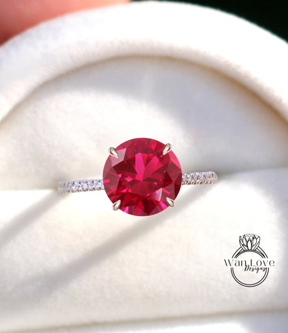 Ruby & Diamonds Side Halo Almost Eternity Thin Shank Round Engagement Ring Custom Wedding 14kt 18kt Gold Platinum Anniversary Gift