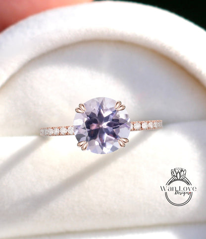 Light Lavender Amethyst & Diamond Engagement Ring, Round, Cathedral Custom made, Wedding, Anniversary Gift, Commitment, Proposal
