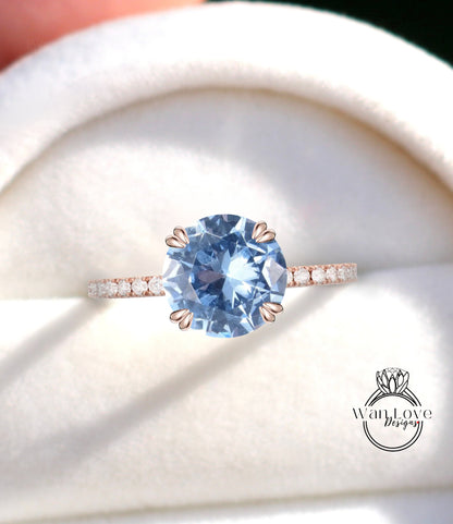 Aquamarine Spinel & Diamond Engagement Ring, Round,Cathedral 14k 18k White Yellow Rose Gold-Platinum-Custom made-Wedding-Anniversary